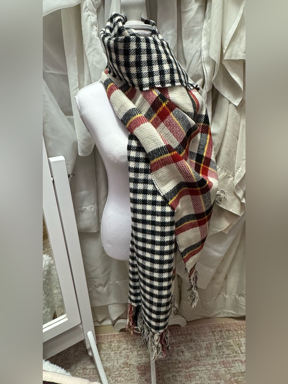 Steve Madden Mixed Plaid Fringe Wrap in Black, Cream, Red and Yellow